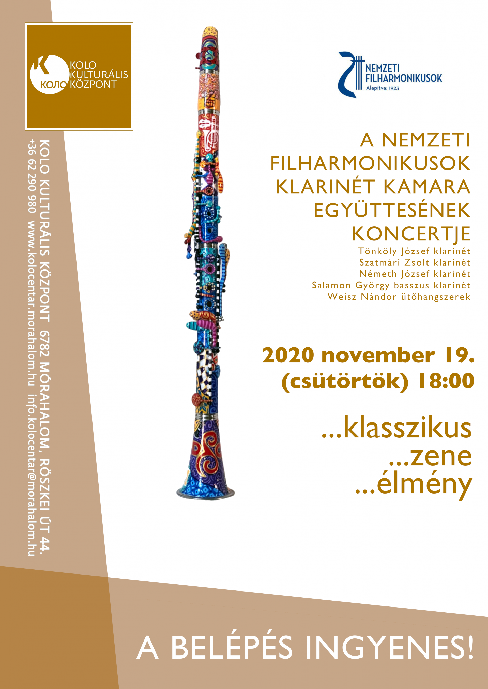 ! ELMARAD! Nemzeti Filharmonikusok Klarinét Kamara együttesének koncertje a Koloban 