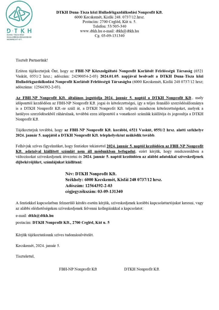 Tájékoztatás az FBH-NP Nonprofit Kft., DTKH Nonprofit Kft.-be történő beolvadásáról