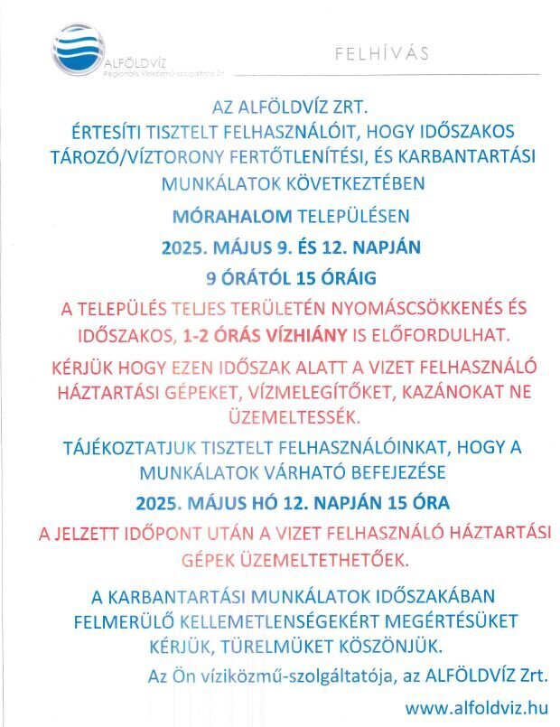 ​2025. május 9-én és 12-én karbantartást végez Mórahalomon az Alföldvíz Zrt.