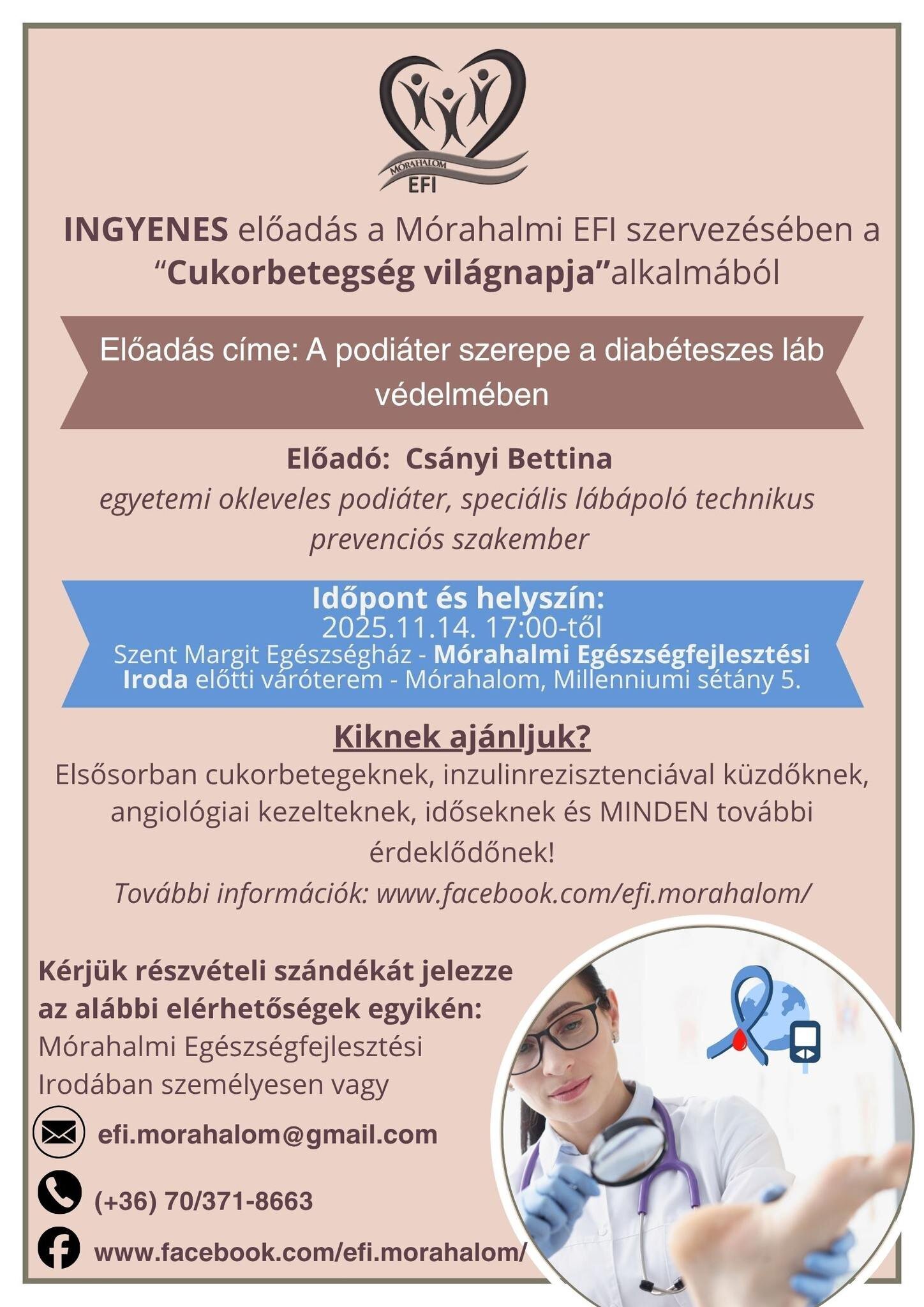 A pénteki neuropátia szűrés és ismeretterjesztő előadás helyszíne MEGVÁLTOZOTT!